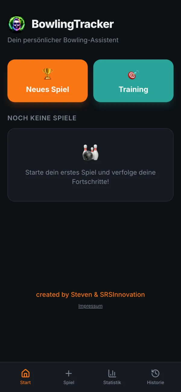Startbildschirm von BowlingTracker mit den Knöpfen „Neues Spiel“ und „Training“
