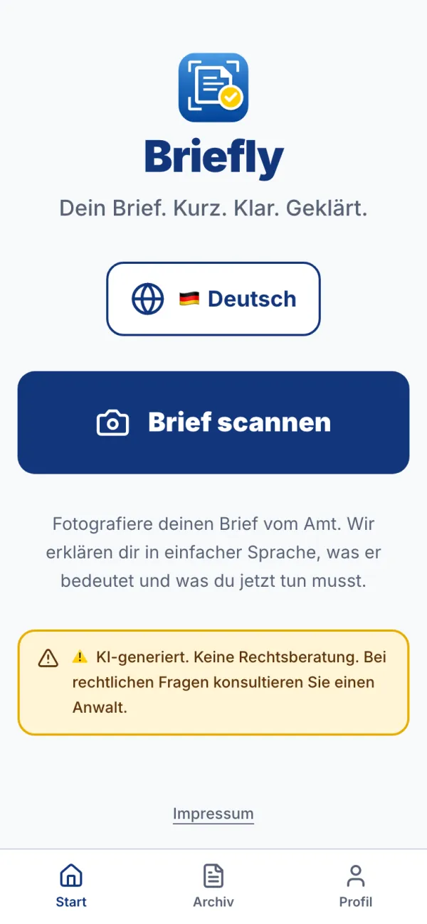 Startbildschirm von Briefly mit dem Knopf „Brief scannen“