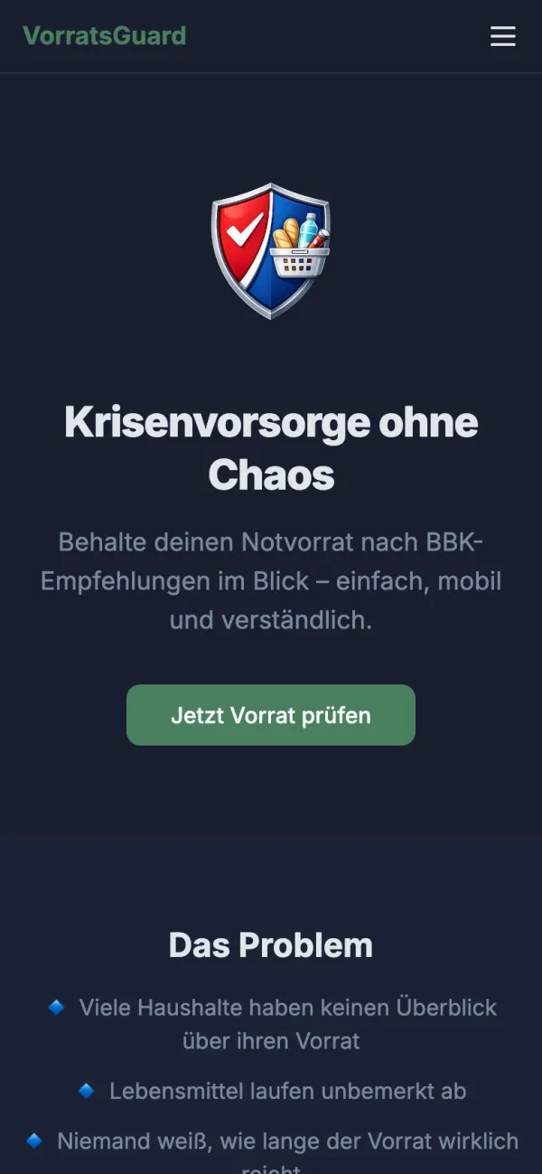 Startseite von VorratsGuard mit der Überschrift „Krisenvorsorge ohne Chaos“